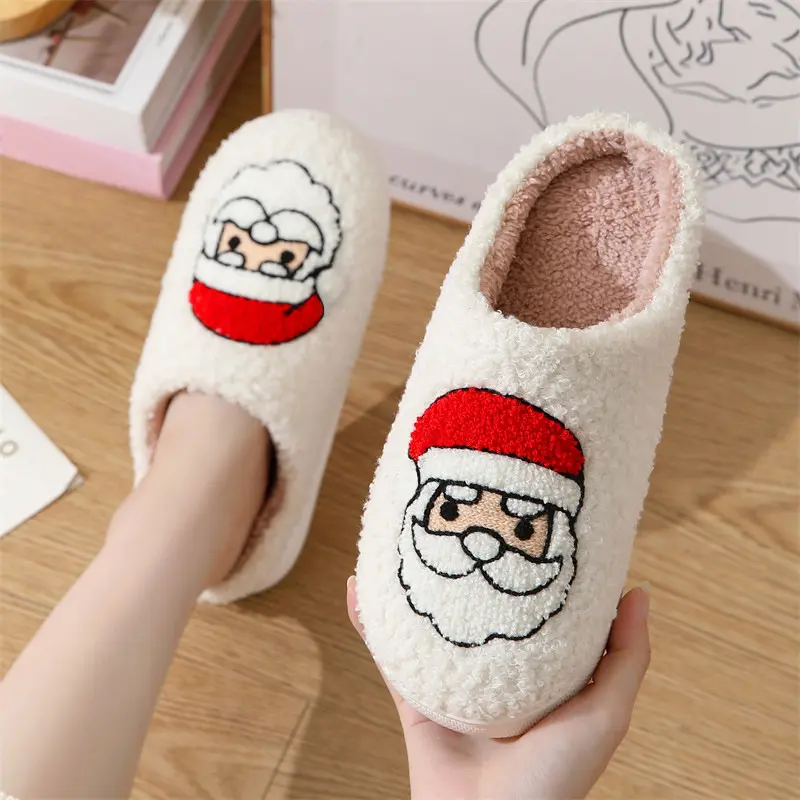 Embroidery Santa Claus Cotton Slippers Women 2025 Winter Short Plush Christmas Couple Slippers Comfort Soft Sole Indoor Slides