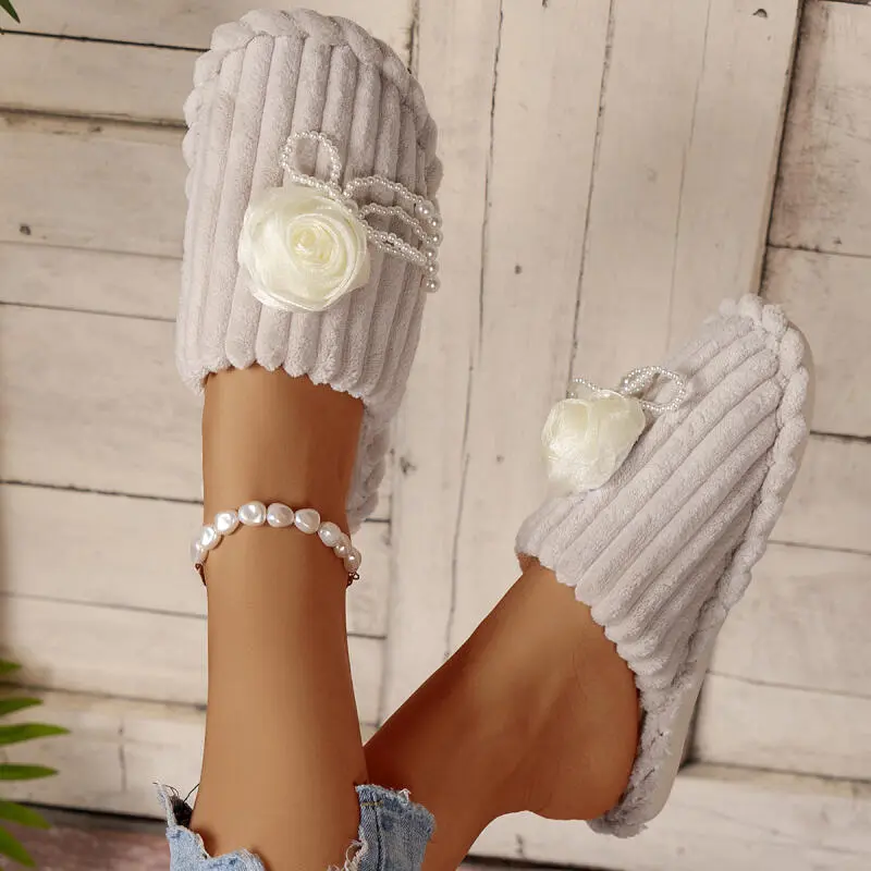 Luxury Pearl Flower Decoration Cotton Slides Women 2025 Winter Warm Corduroy Non Slip Indoor Slippers Soft Flat Heel Slippers