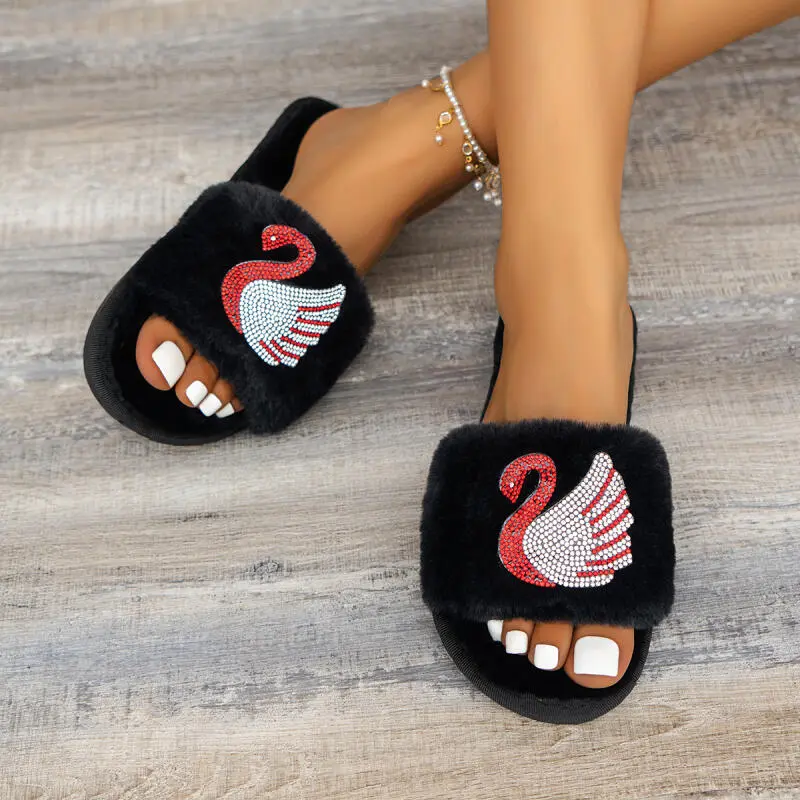Fashion Mix Color Glitter Furry Slides Women 2025 Winter Warm Short Plush Indoor Slippers Soft Fur Non Slip Bedroom Slippers