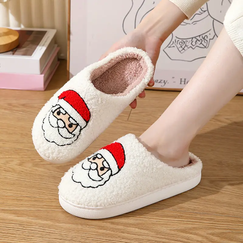 Embroidery Santa Claus Cotton Slippers Women 2025 Winter Short Plush Christmas Couple Slippers Comfort Soft Sole Indoor Slides