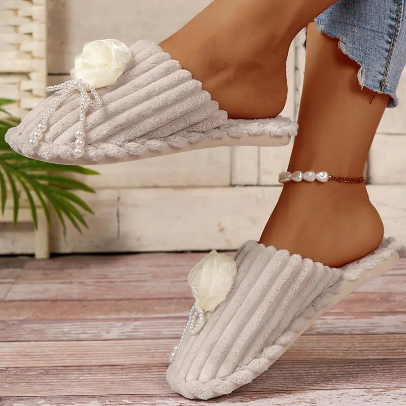 Luxury Pearl Flower Decoration Cotton Slides Women 2025 Winter Warm Corduroy Non Slip Indoor Slippers Soft Flat Heel Slippers