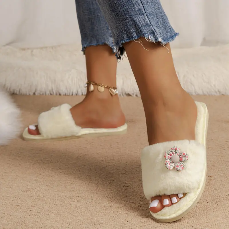 Sweet Flower Decoration Faux Fur Slides Women 2025 Winter Warm Short Plush Indoor Slippers Soft Flat Heel Furry Bedroom Slides