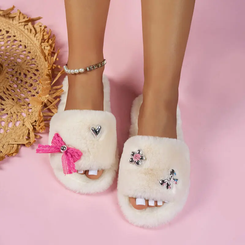 Sweet Pink Bowknot Faux Fur Slides Women 2025 Winter Fashion Metal Decoration Furry Indoor Slippers Soft Flat Heel Slippers