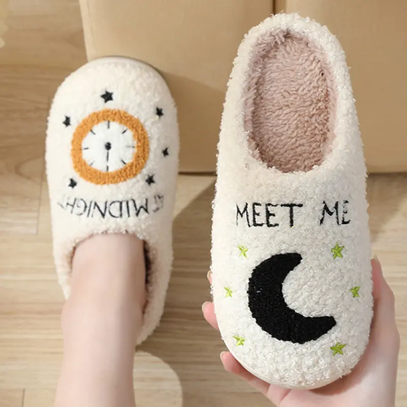 Fashion Mix Color Embroidery Indoor Slippers Women 2025 Winter Soft Sole Non Slip Home Slides Warm Short Plush Couple Slippers