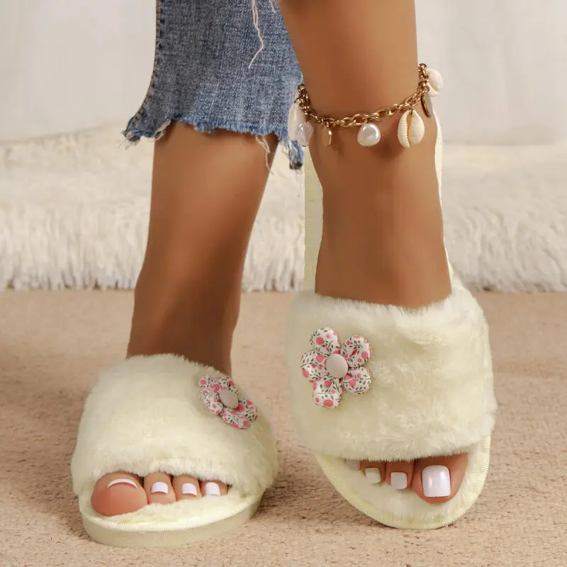 Sweet Flower Decoration Faux Fur Slides Women 2025 Winter Warm Short Plush Indoor Slippers Soft Flat Heel Furry Bedroom Slides