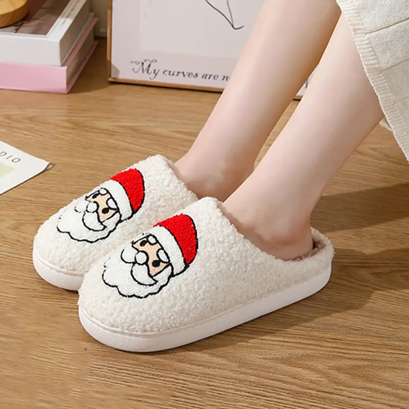 Embroidery Santa Claus Cotton Slippers Women 2025 Winter Short Plush Christmas Couple Slippers Comfort Soft Sole Indoor Slides