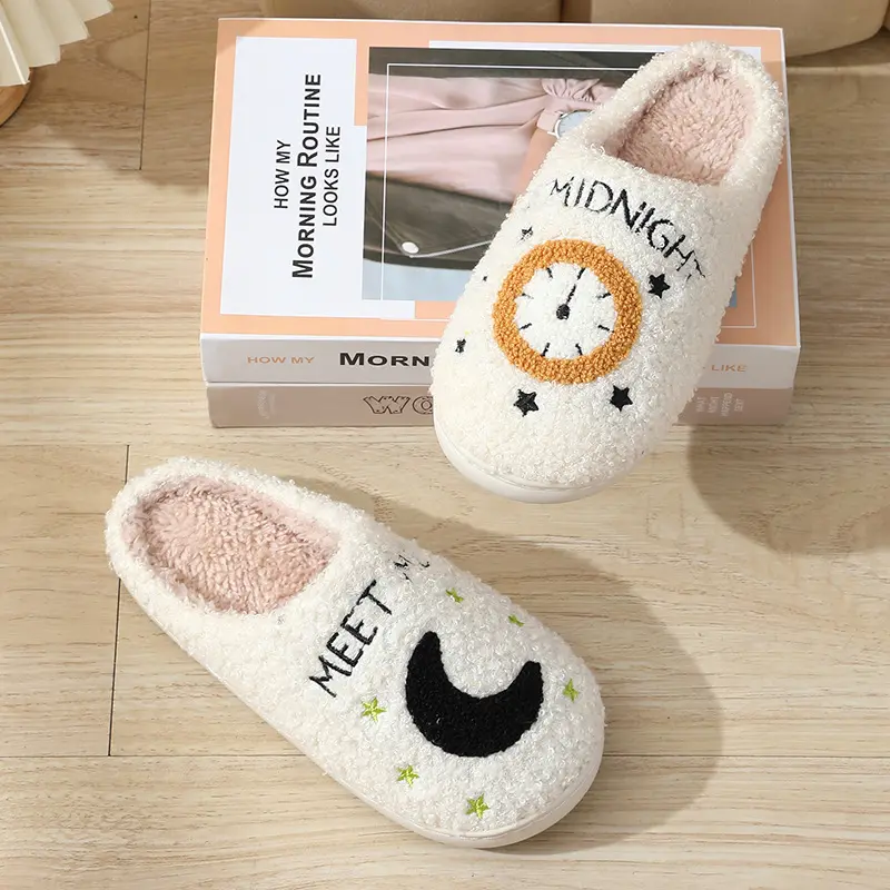 Fashion Mix Color Embroidery Indoor Slippers Women 2025 Winter Soft Sole Non Slip Home Slides Warm Short Plush Couple Slippers