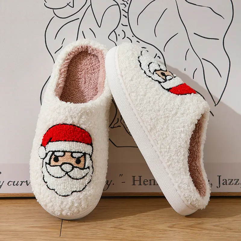 Embroidery Santa Claus Cotton Slippers Women 2025 Winter Short Plush Christmas Couple Slippers Comfort Soft Sole Indoor Slides