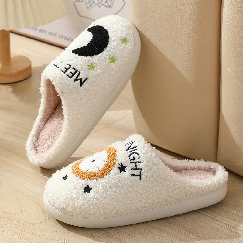 Fashion Mix Color Embroidery Indoor Slippers Women 2025 Winter Soft Sole Non Slip Home Slides Warm Short Plush Couple Slippers