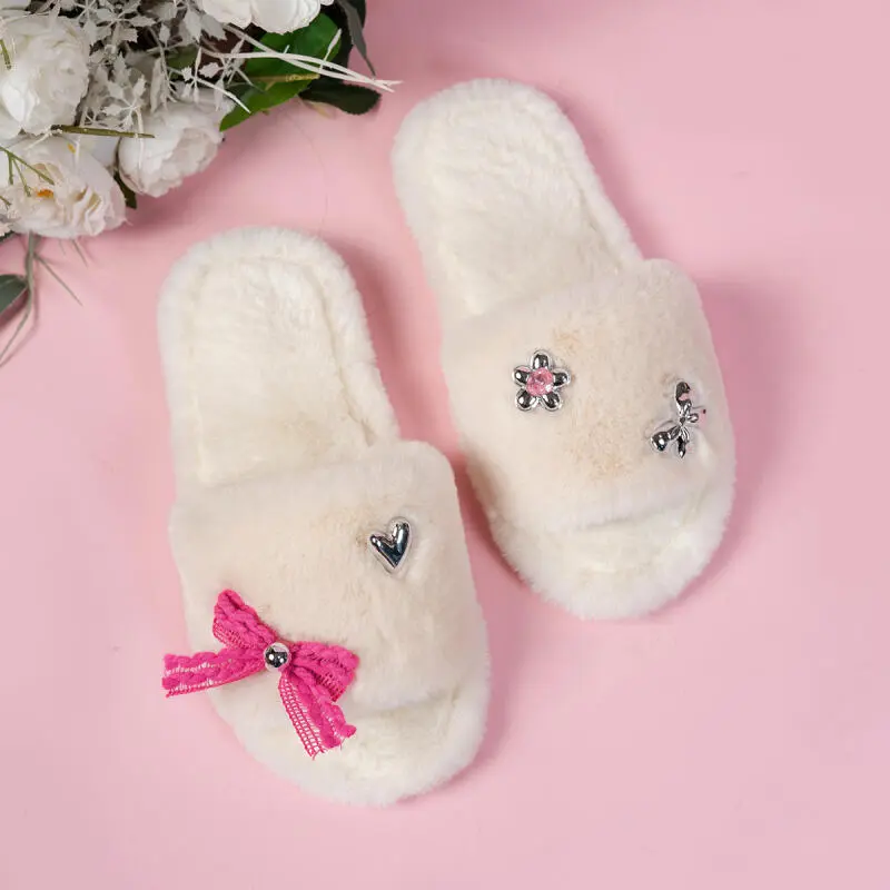 Sweet Pink Bowknot Faux Fur Slides Women 2025 Winter Fashion Metal Decoration Furry Indoor Slippers Soft Flat Heel Slippers