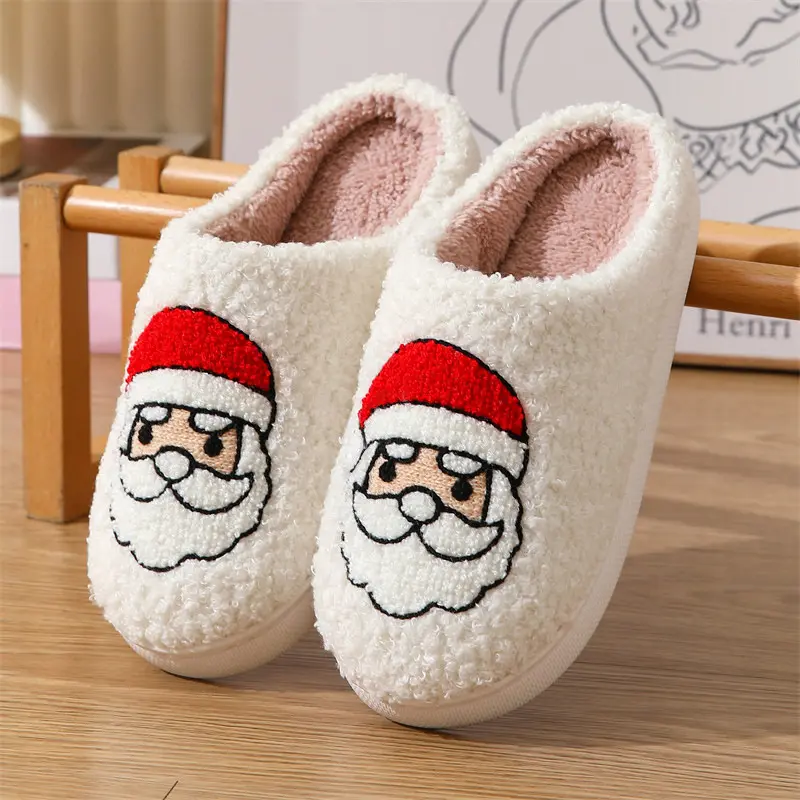 Embroidery Santa Claus Cotton Slippers Women 2025 Winter Short Plush Christmas Couple Slippers Comfort Soft Sole Indoor Slides