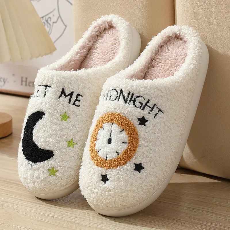 Fashion Mix Color Embroidery Indoor Slippers Women 2025 Winter Soft Sole Non Slip Home Slides Warm Short Plush Couple Slippers