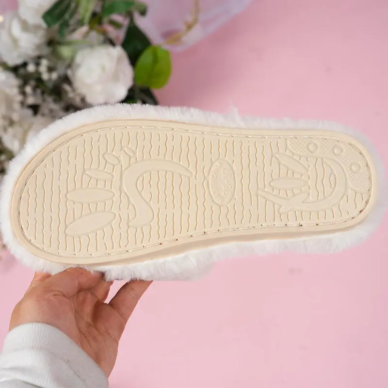 Sweet Pink Bowknot Faux Fur Slides Women 2025 Winter Fashion Metal Decoration Furry Indoor Slippers Soft Flat Heel Slippers