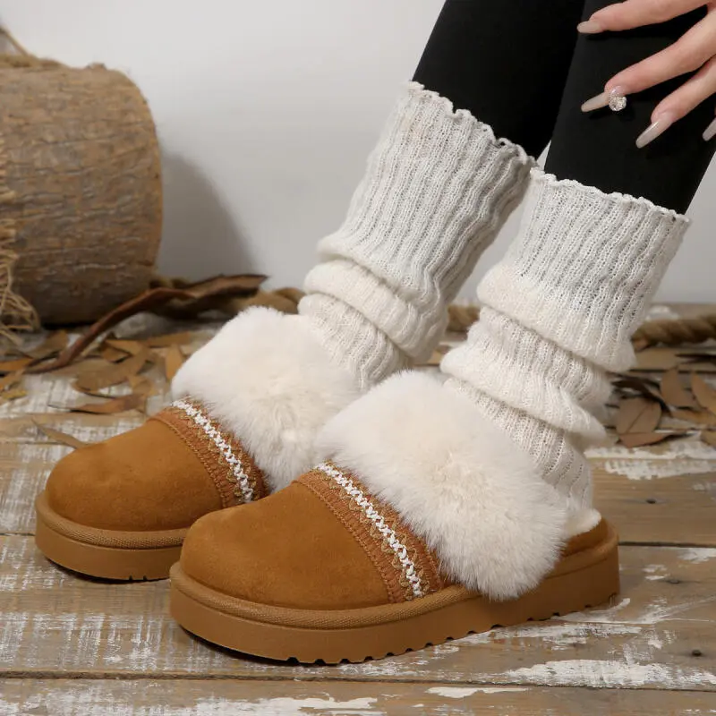 Bohemian Embroidery Decoration Furry Mules Slides Women 2025 Winter Warm Short Plush Indoor Slippers Soft Thick Bottom Slippers