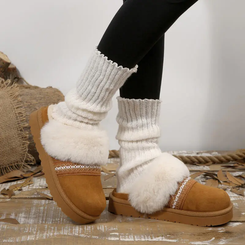 Bohemian Embroidery Decoration Furry Mules Slides Women 2025 Winter Warm Short Plush Indoor Slippers Soft Thick Bottom Slippers