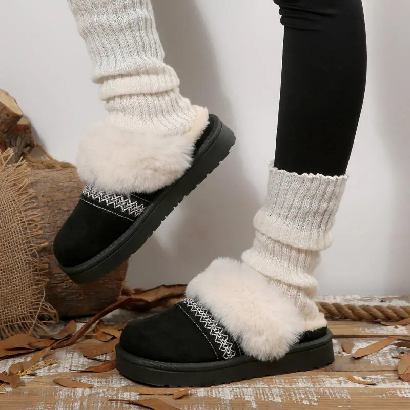 Bohemian Embroidery Decoration Furry Mules Slides Women 2025 Winter Warm Short Plush Indoor Slippers Soft Thick Bottom Slippers