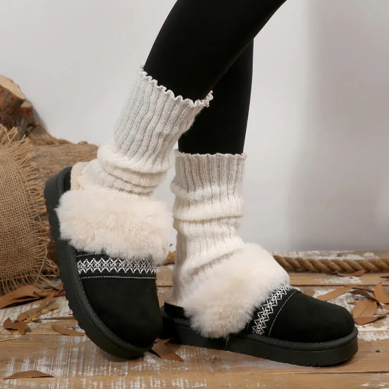 Bohemian Embroidery Decoration Furry Mules Slides Women 2025 Winter Warm Short Plush Indoor Slippers Soft Thick Bottom Slippers