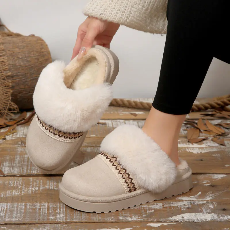 Bohemian Embroidery Decoration Furry Mules Slides Women 2025 Winter Warm Short Plush Indoor Slippers Soft Thick Bottom Slippers