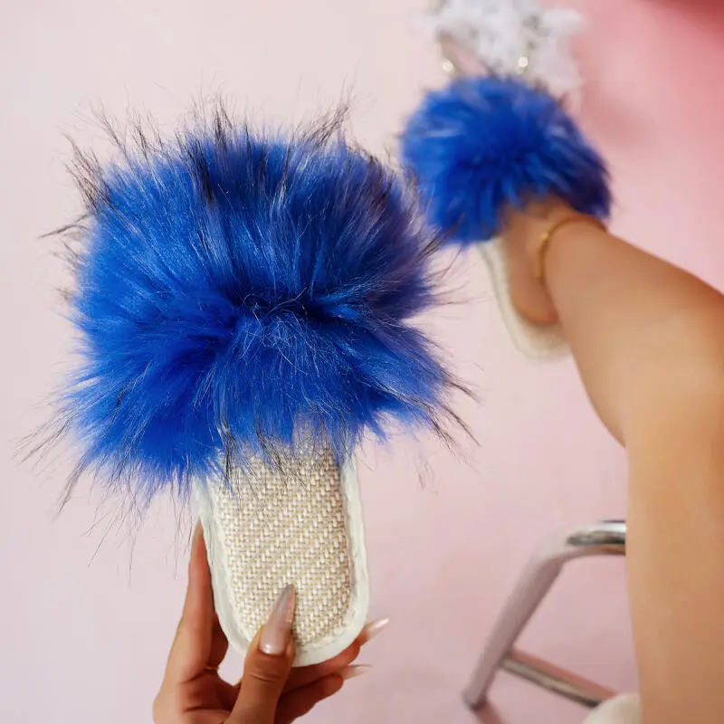 Fashion Blue Faux Fur Slides Women 2025 Winter Warm Long Plush Non Slip Indoor Slippers Sexy Mix Color Soft Flat Heel Slippers