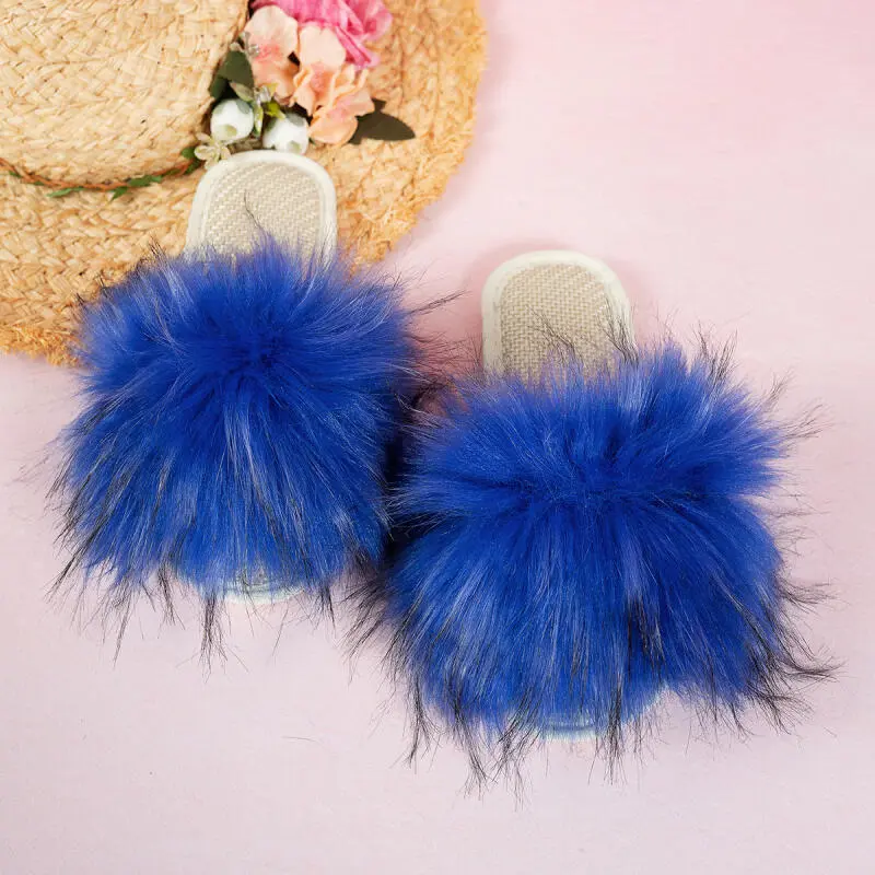Fashion Blue Faux Fur Slides Women 2025 Winter Warm Long Plush Non Slip Indoor Slippers Sexy Mix Color Soft Flat Heel Slippers
