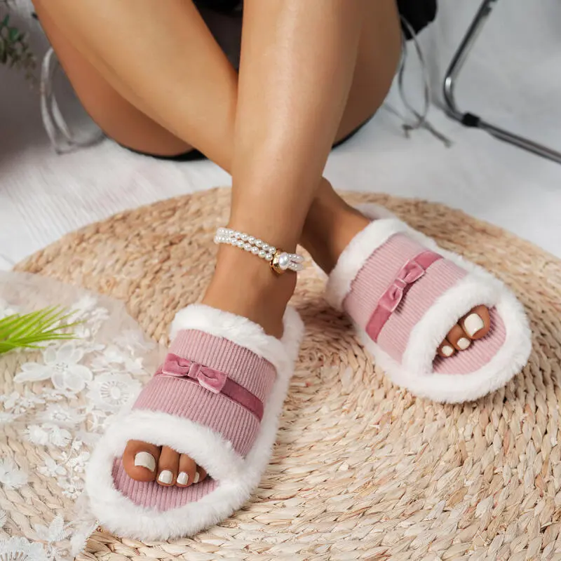 Sweet Bowknot Corduroy Pink Indoor Slippers Women 2025 Winter Warm Faux Fur Non Slip Slides Soft Sole Furry Bedroom Slippers
