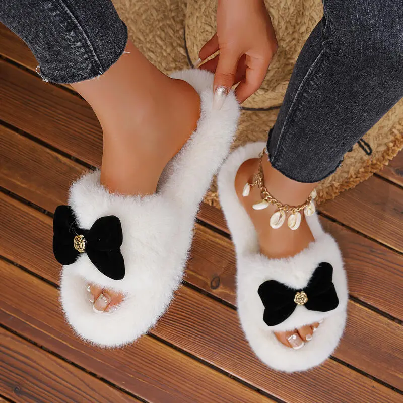 Sweet Bowknot Decoration Furry Slippers Women 2025 Winter Warm Short Plush Bedroom Slides Comfort Thick Bottom Non Slip Slippers
