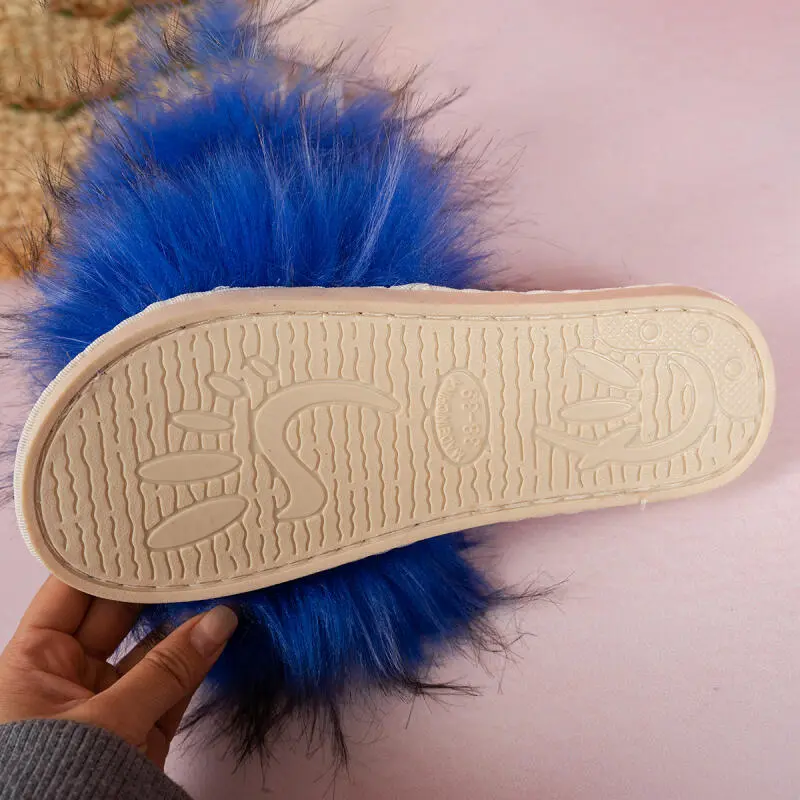 Fashion Blue Faux Fur Slides Women 2025 Winter Warm Long Plush Non Slip Indoor Slippers Sexy Mix Color Soft Flat Heel Slippers