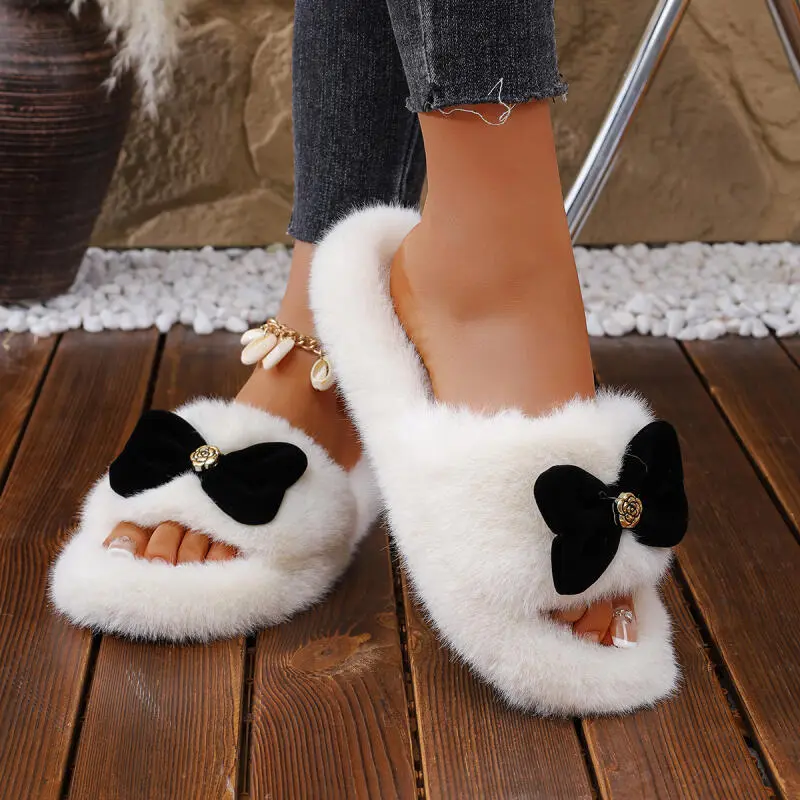 Sweet Bowknot Decoration Furry Slippers Women 2025 Winter Warm Short Plush Bedroom Slides Comfort Thick Bottom Non Slip Slippers