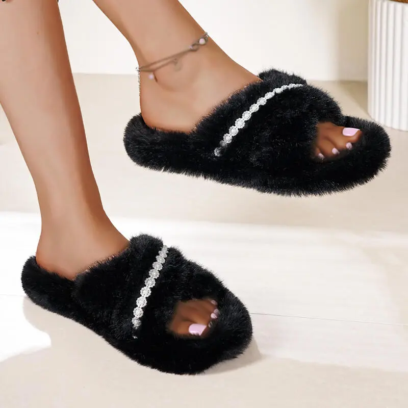 Luxury Lace Decoration Faux Fur Slippers Women 2025 Winter Non Slip Thick Bottom Slides Fashion Long Plush Warm Furry Slippers