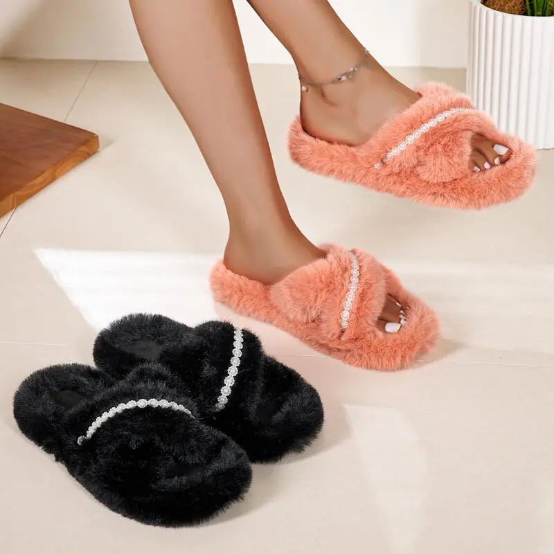 Luxury Lace Decoration Faux Fur Slippers Women 2025 Winter Non Slip Thick Bottom Slides Fashion Long Plush Warm Furry Slippers