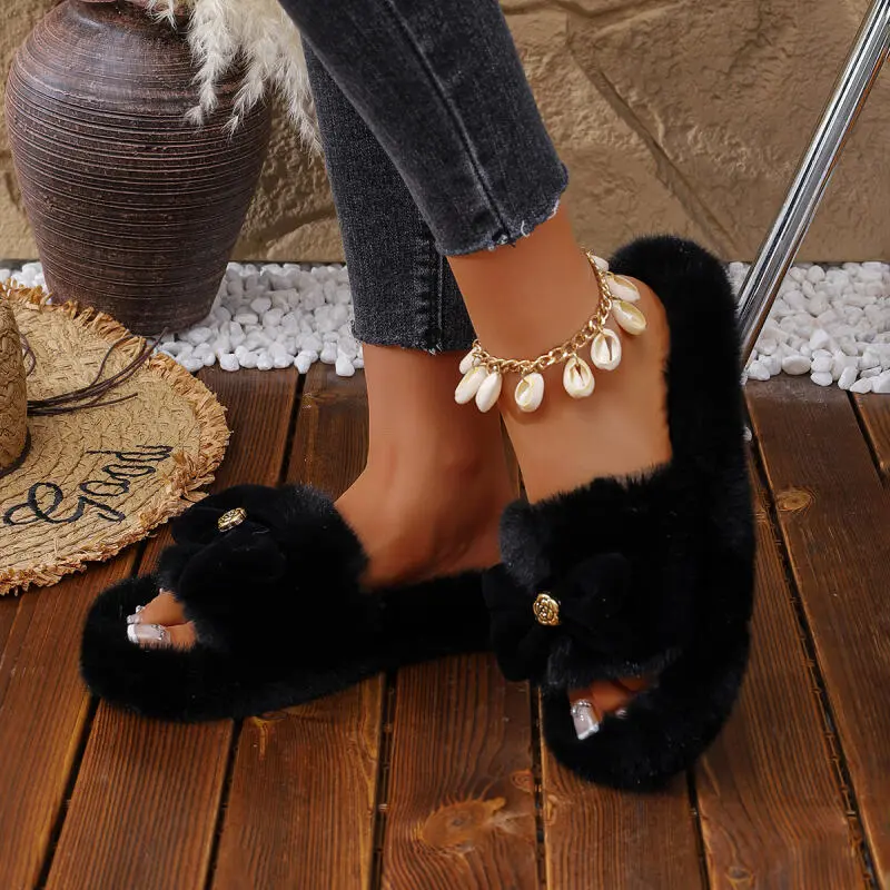 Sweet Bowknot Decoration Furry Slippers Women 2025 Winter Warm Short Plush Bedroom Slides Comfort Thick Bottom Non Slip Slippers