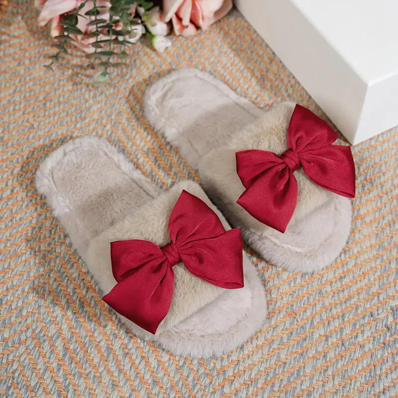 Sexy Red Bowknot Decoration Furry Slippers Women 2025 Winter Soft Short Plush Flat Heel Indoor Slippers Warm Fur Bedroom Slides