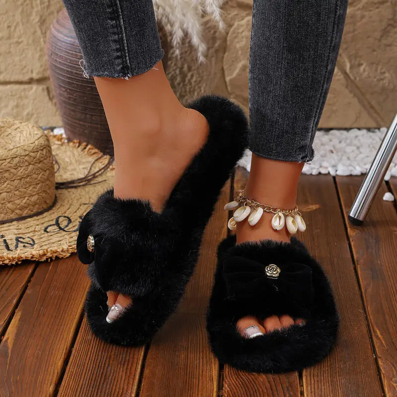 Sweet Bowknot Decoration Furry Slippers Women 2025 Winter Warm Short Plush Bedroom Slides Comfort Thick Bottom Non Slip Slippers