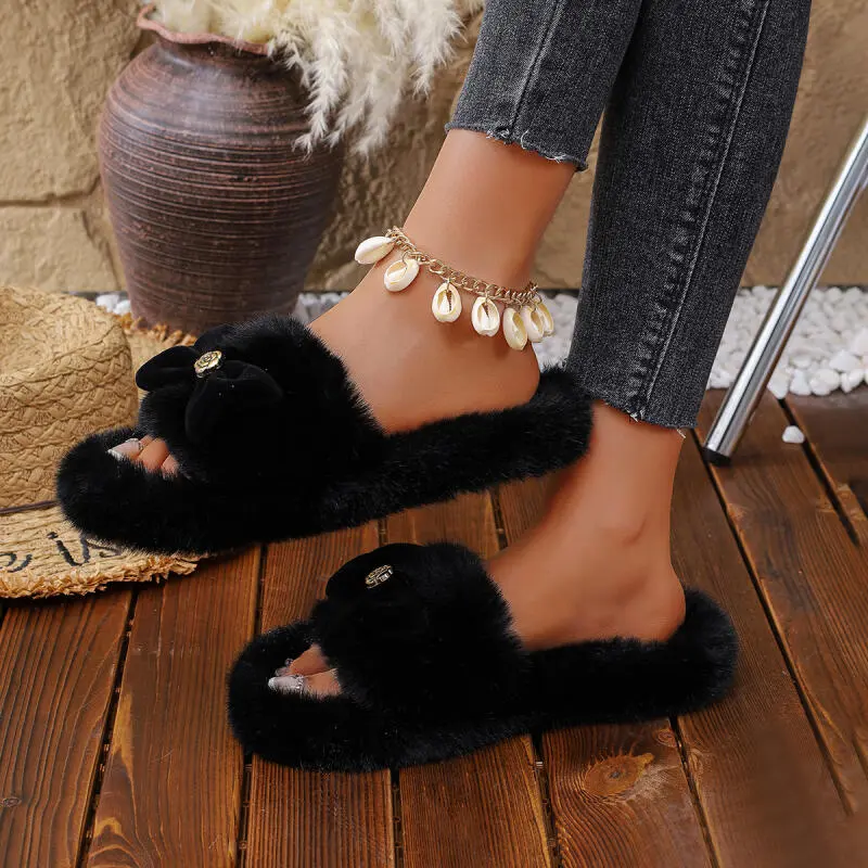 Sweet Bowknot Decoration Furry Slippers Women 2025 Winter Warm Short Plush Bedroom Slides Comfort Thick Bottom Non Slip Slippers