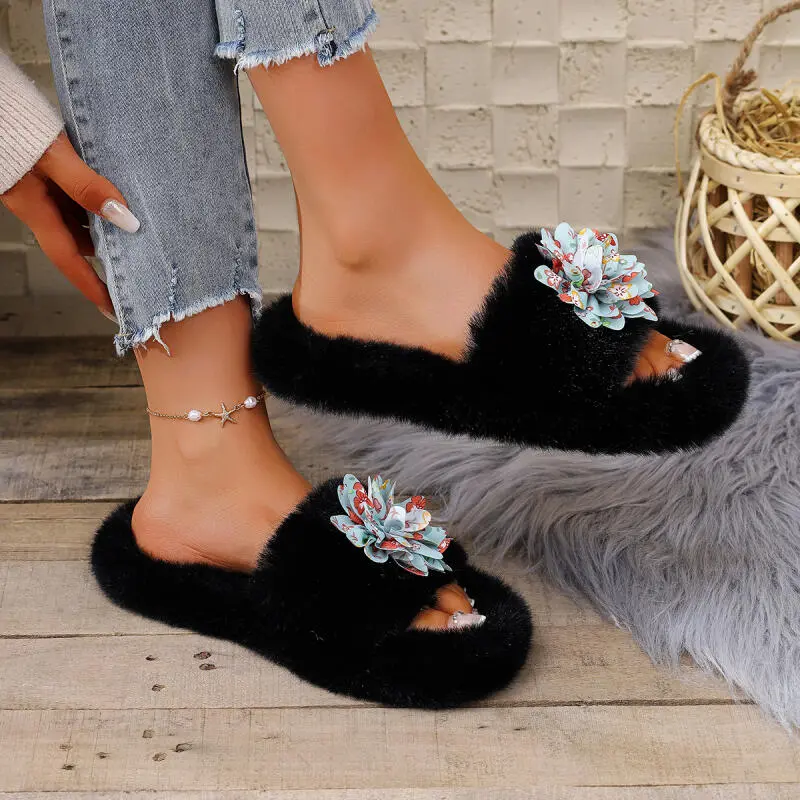 Fashion Flower Decoration Cotton Slides Women 2025 Winter Soft Short Plush Indoor Slippers Comfort Thick Bottom Faux Fur Slipper