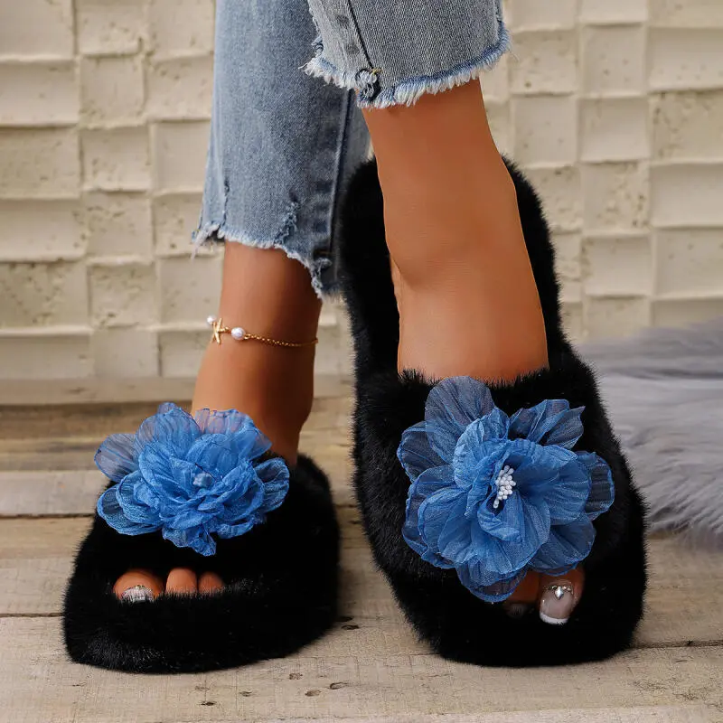 Fashion Blue Mesh Flower Decoration Furry Slides Women 2025 Winter Warm Faux Fur Slippers Comfort Soft Sole Indoor Slippers