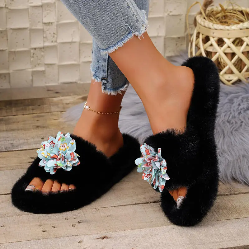 Fashion Flower Decoration Cotton Slides Women 2025 Winter Soft Short Plush Indoor Slippers Comfort Thick Bottom Faux Fur Slipper