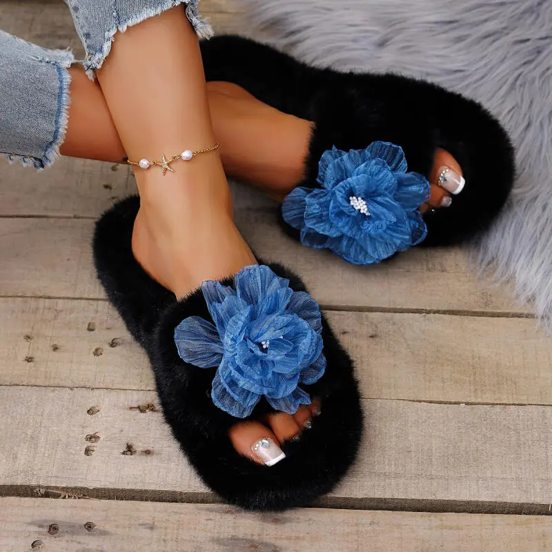 Fashion Blue Mesh Flower Decoration Furry Slides Women 2025 Winter Warm Faux Fur Slippers Comfort Soft Sole Indoor Slippers