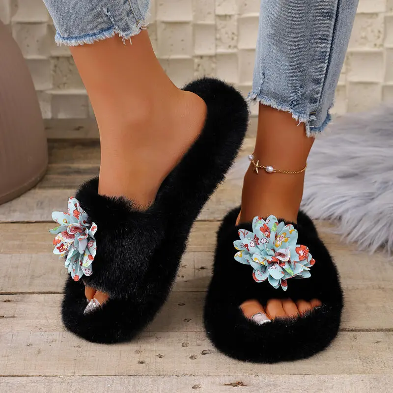 Fashion Flower Decoration Cotton Slides Women 2025 Winter Soft Short Plush Indoor Slippers Comfort Thick Bottom Faux Fur Slipper