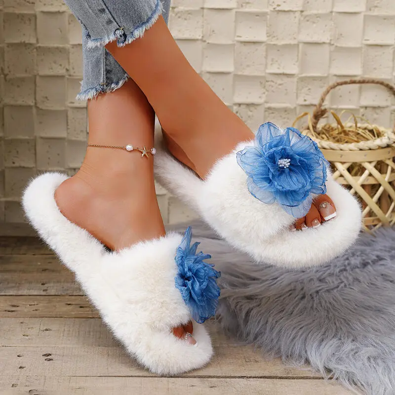 Fashion Blue Mesh Flower Decoration Furry Slides Women 2025 Winter Warm Faux Fur Slippers Comfort Soft Sole Indoor Slippers