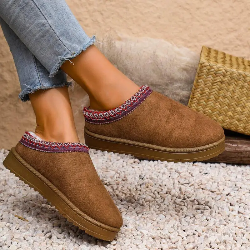Bohemia Embroidery Cotton Indoor Slides Women 2025 Winter Soft Thick Bottom Non Slip Slippers Warm Short Plush Bedroom Slippers