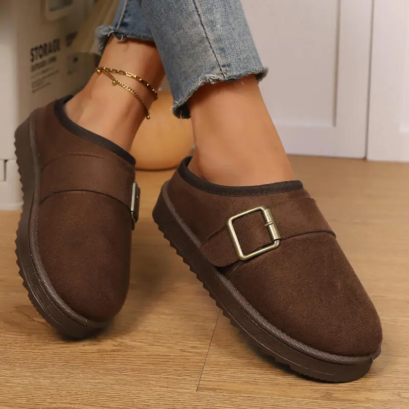 Fashion Metal Buckle Decoration Cotton Slippers Women 2025 Winter Warm Short Plush Indoor Slides Soft Thick Bottom Fur Slippers