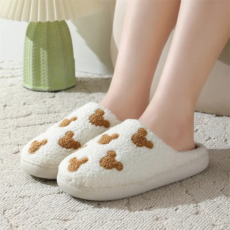 Cute Color Blocked Bear Soft Cotton Slippers Women 2025 Winter Warm Short Plush Couple Slides Comfort Non Slip Indoor Slippers