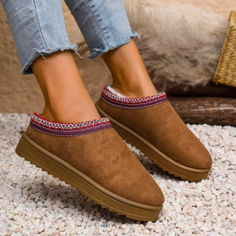 Bohemia Embroidery Cotton Indoor Slides Women 2025 Winter Soft Thick Bottom Non Slip Slippers Warm Short Plush Bedroom Slippers