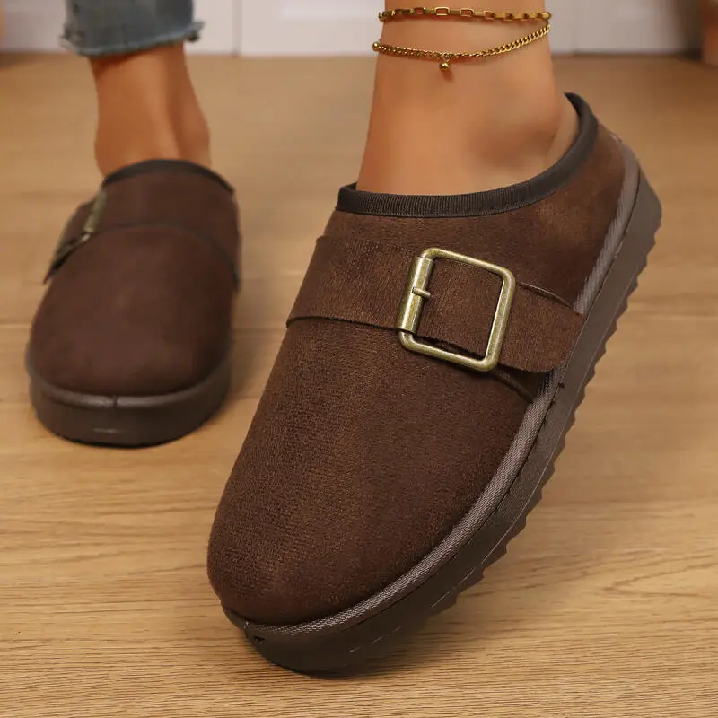 Fashion Metal Buckle Decoration Cotton Slippers Women 2025 Winter Warm Short Plush Indoor Slides Soft Thick Bottom Fur Slippers
