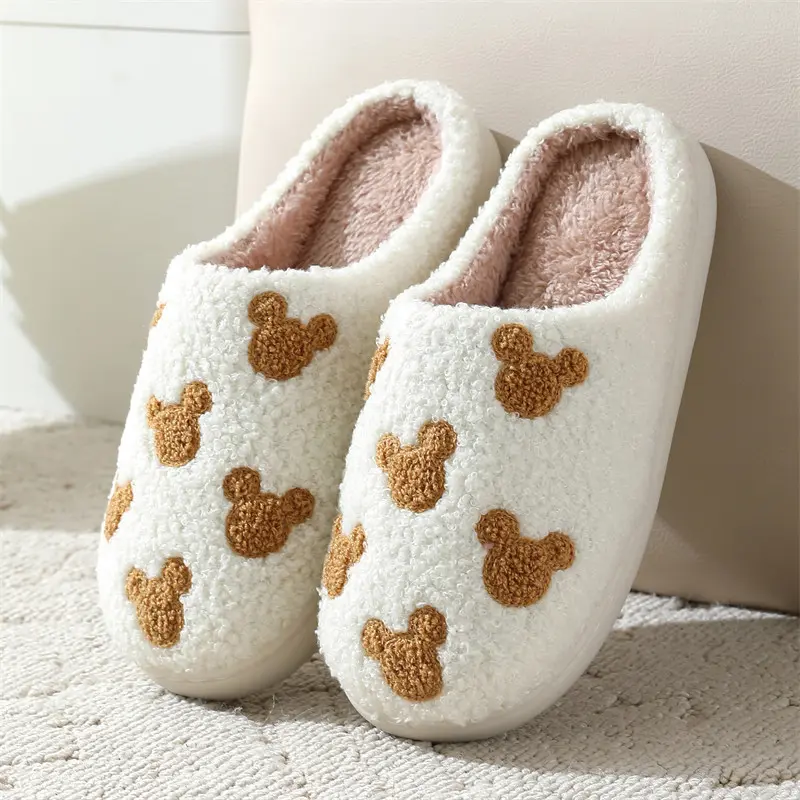 Cute Color Blocked Bear Soft Cotton Slippers Women 2025 Winter Warm Short Plush Couple Slides Comfort Non Slip Indoor Slippers