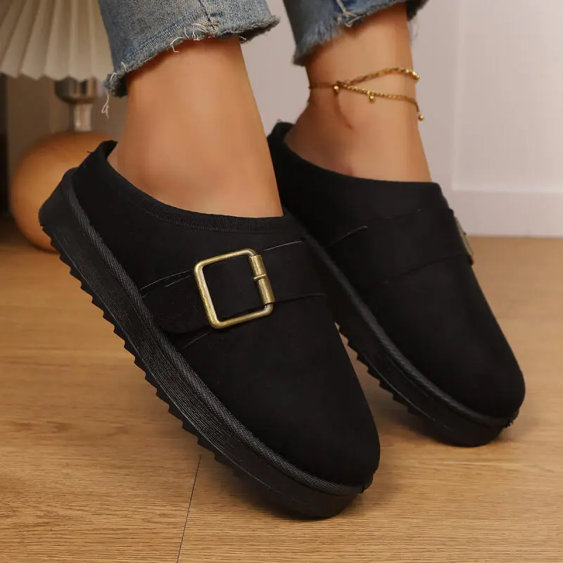 Fashion Metal Buckle Decoration Cotton Slippers Women 2025 Winter Warm Short Plush Indoor Slides Soft Thick Bottom Fur Slippers