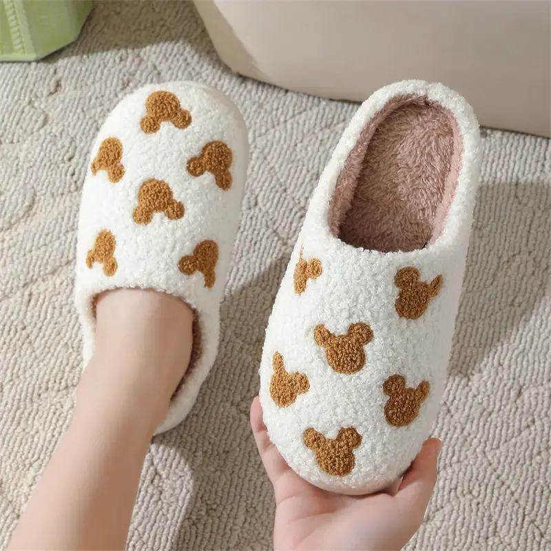 Cute Color Blocked Bear Soft Cotton Slippers Women 2025 Winter Warm Short Plush Couple Slides Comfort Non Slip Indoor Slippers