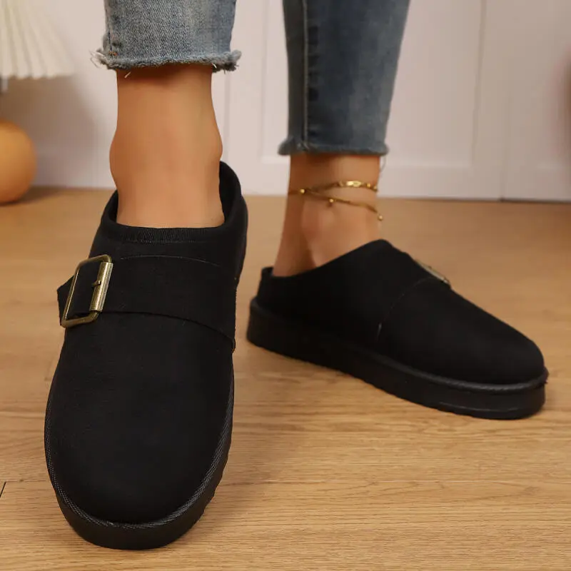Fashion Metal Buckle Decoration Cotton Slippers Women 2025 Winter Warm Short Plush Indoor Slides Soft Thick Bottom Fur Slippers