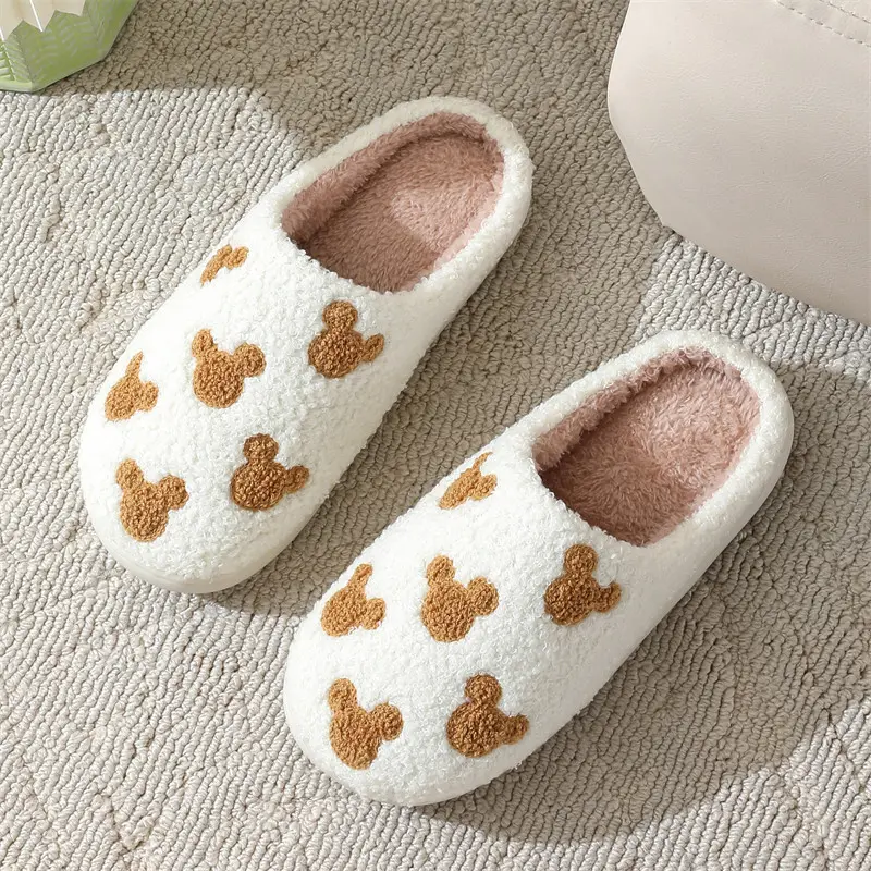 Cute Color Blocked Bear Soft Cotton Slippers Women 2025 Winter Warm Short Plush Couple Slides Comfort Non Slip Indoor Slippers